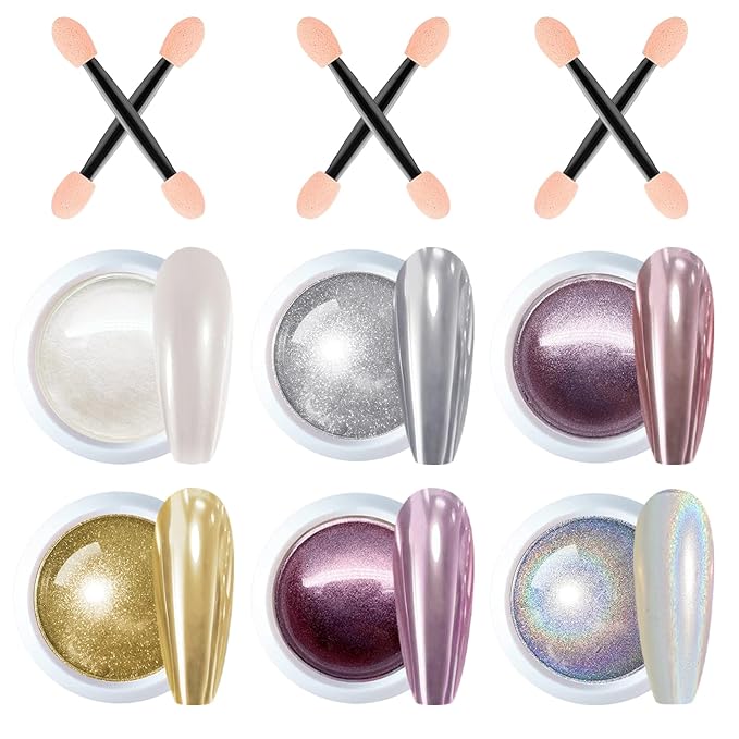 6 Colors Chrome Nail Powder, Mirror Effec Metallic Chrome Powder for Gel Nails, Sliver, Gold, White Pearl, Laser/Silver Nail Decoration Glitter Dust for Nail Art