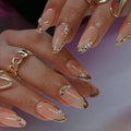 Press on Nails Almond - French Tip Fake Nails with Gold Line Design - Medium Fasle Nails Press ons - for Women 24 Pcs