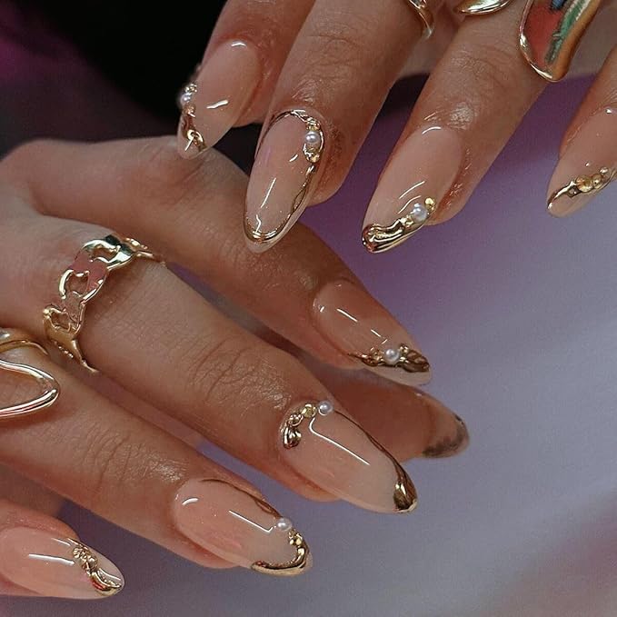 Press on Nails Almond - French Tip Fake Nails with Gold Line Design - Medium Fasle Nails Press ons - for Women 24 Pcs