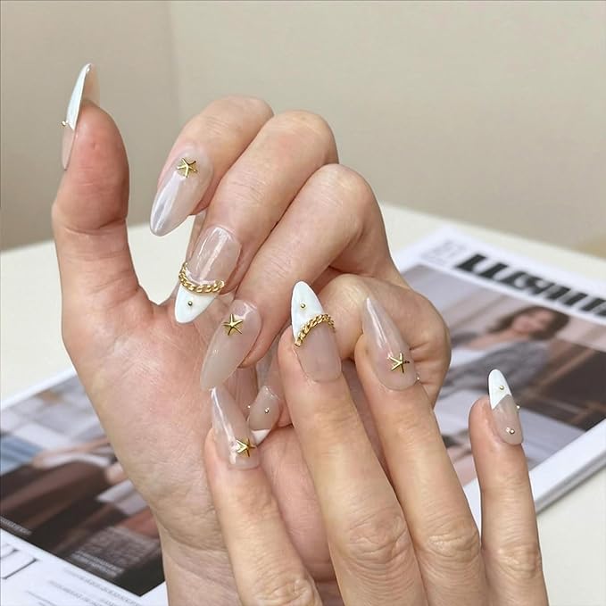 Handmade Press On Nails Medium Almond Shape - 3D Gold Metallic Embellished White French Manicure False Nails ， Minimalist Design | Salon Quality Reusable Fake Nails(10PCS-M)