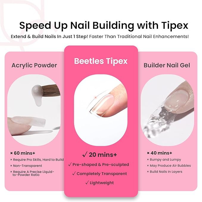 Beetles Tipex Gel Nail Kit Extra Short Square: 16 Sizes Instant Apex Nail Tips, 224 Pcs Pre-Building False Nail Tips with Tipex Nail Glue, Mini Nail Lamp-Thick Acrylic Nail Set
