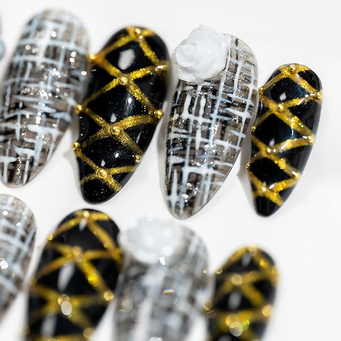 Sun&Beam Nails Handmade Medium Long Almond Black False Nail Tips with Cute 3D White Flower Popular Charm Design Press On Nails 10 Pcs (#79 M) (FN-HM-079-M.AU)