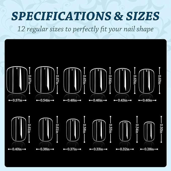 Lsnisni Fake Nail Tips, 288PC Gel Acrylic Nail Tips,Clear Short Square Press On Nails，Nail Supplies Suitable for Women or Girls to DIY Nails 12 Sizes For Your Choice!