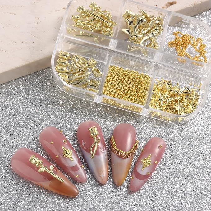 Gold Rose Art Charms, Mixed Styles 3D Metal Roses Flowers Alloy Jewels, Chains Star Beads Rivets Studs for Women Girls Nails Supplies DIY Crafts Decorations