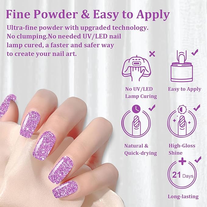 Dip Powder Glitter Purple Color, Nail Dipping Powder French Powder Pro Collection System Nail Art Starter Manicure Salon DIY at Home, No Needed Nail Lamp Curing, 1 Oz/28g