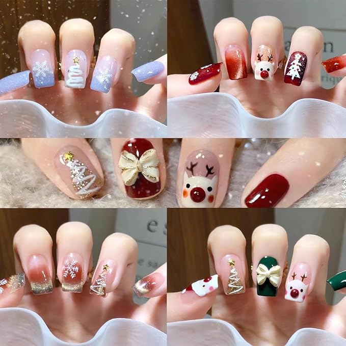 6 Sheets Christmas Nail Wraps Stickers 3D French White Snowflake Gel Nail Stickers Strips Self-Adhesive Winter Holiday Full Wraps with Xmas Trees Santa Reindeer Nail Polish for Women Acrylic Nails DIY