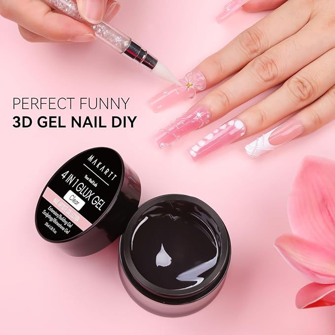 Makartt 3D Gel Nail Art: 50g 3D Nail Gel Clear Non-sticky 3d Sculpting Gels, 4-in-1 Solid Gels Builder for Extension, UV Glue for Acrylic Tips, Rhinestones & 3d Carving for Home Salon DIY
