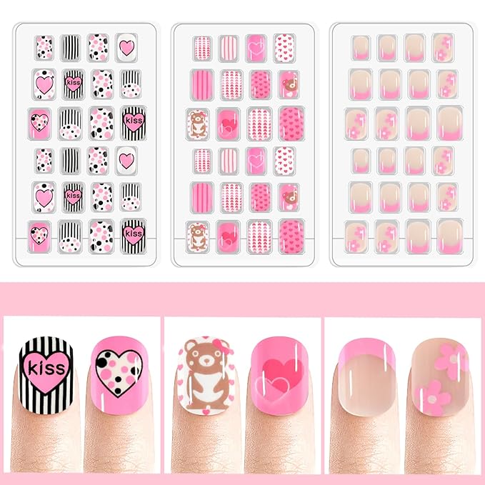 Laza 72pcs Children Nails Press On Pre-glue Full Cover Pink Heart Blue Short False Nail Kits for Kids Teenager Girls - Cute Bear