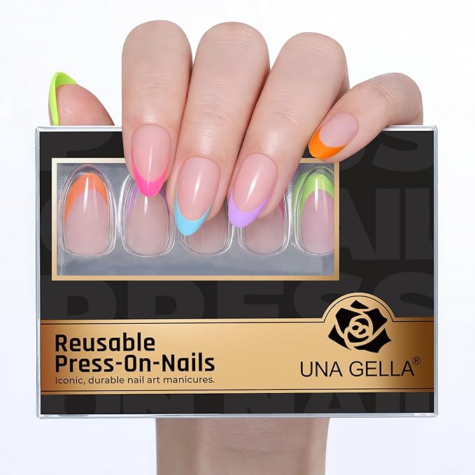 UNA GELLA 32Pcs Soft Gel Press on Nails - 16 Sizes Multi-color French Tip Almond Glue on Nails, Reusable Neon Pastel Rainbow False Nails, Full Cover Acrylic Nail Kit for Women DIY Home Manicure