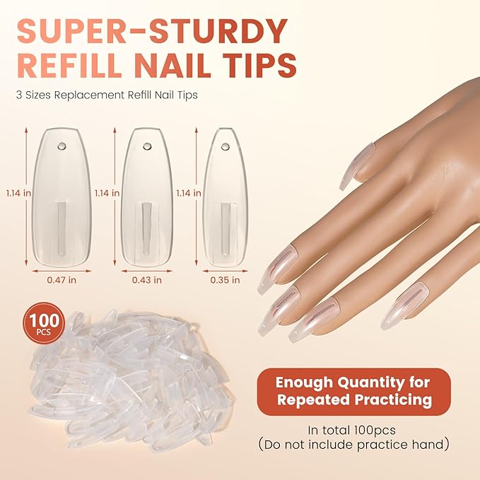 100PCS Replacement Nail Tips for Practice Hand - Clear Refill Acrylic Fake Nail Tips for Silicone Nail Hand Practice