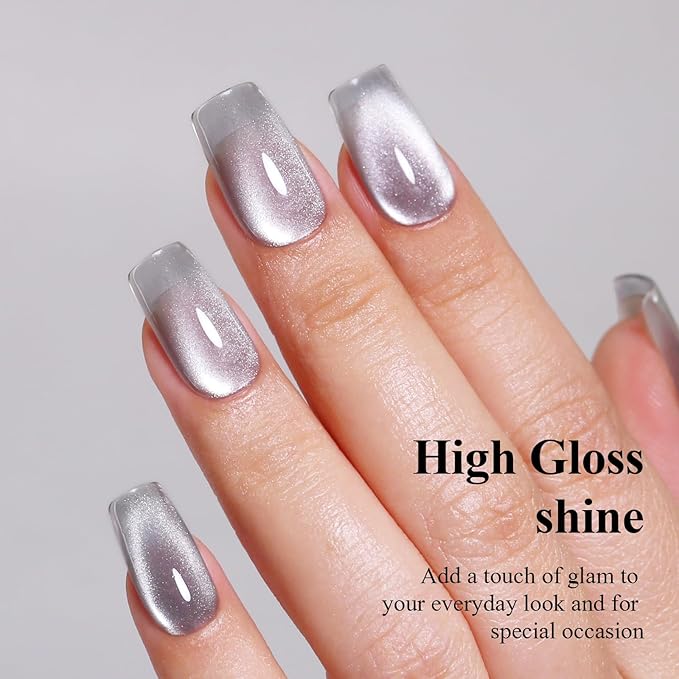 Imtiti Glass Silver Cat Eye Gel Nail Polish with Magnet, Holographic Glitter Shimmer Magnetic UV Gel Polish for Nail Art Soak off UV Led