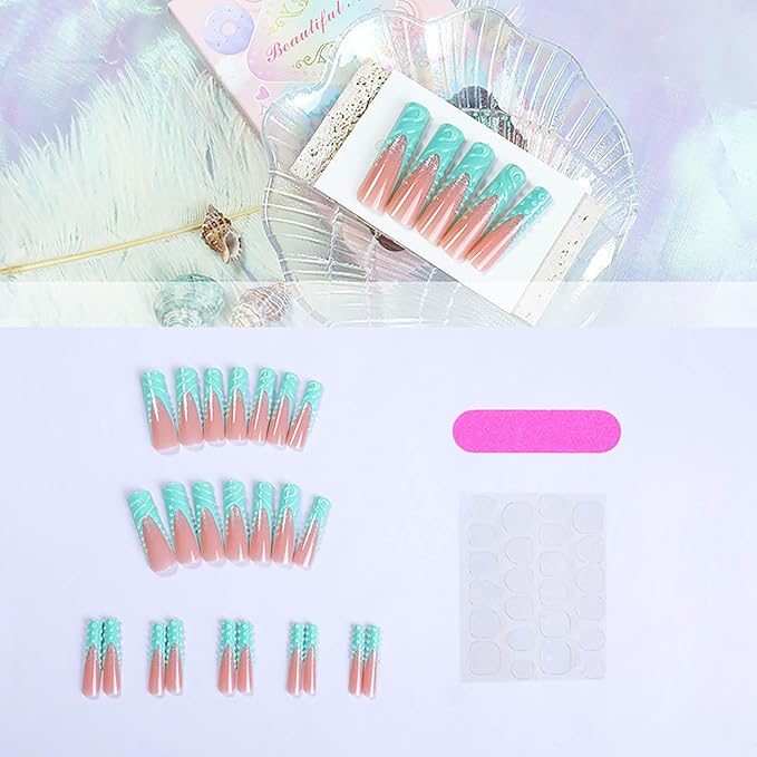 RTKHFZE Press on Nails Long Square Shape Fake Nails with 3D Polka Dots and French Tip Design False Nails,Nude Glue on Nails Gift for Holiday/Christmas Day/Daughter/Party/Valentine'S Day