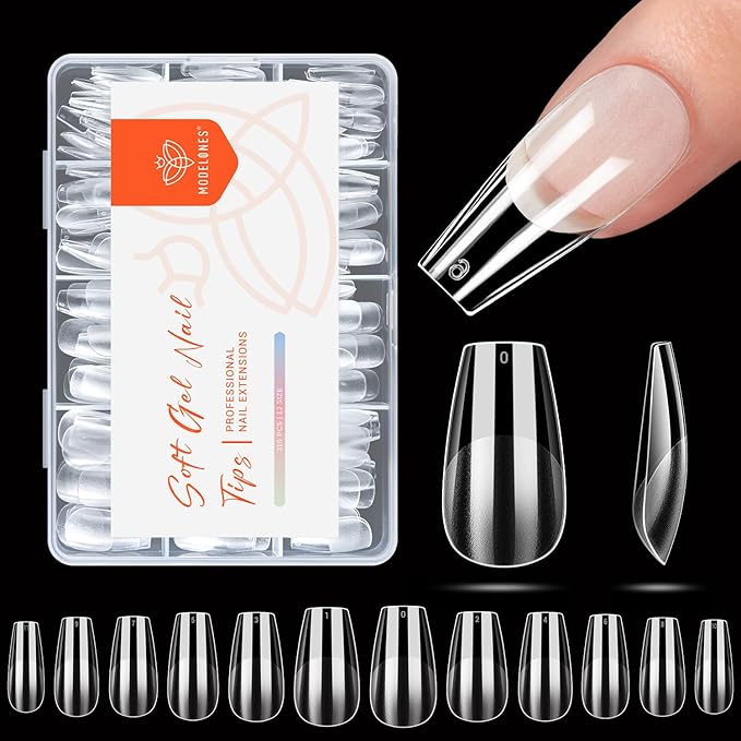 modelones Medium Coffin Nail Tips, Pre-shaped Soft Gel Tips Fake Nails False Acrylic Clear Full Cover Press on Extension Kit Gel Manicure DIY at Home 216PCS 12Sizes