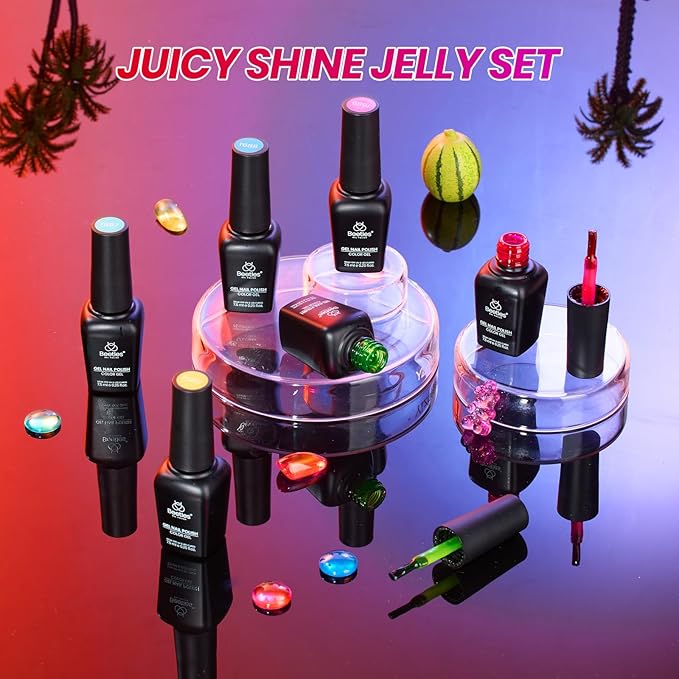 Beetles Jelly Gel Nail Polish Set, 6 Colors Summer Neon Gel Nail Polish Kit Sheer Transparent Effect Hot Pink Red Blue Yellow Green French Nail Art Tropical Glow Series Manicure Gift for Women