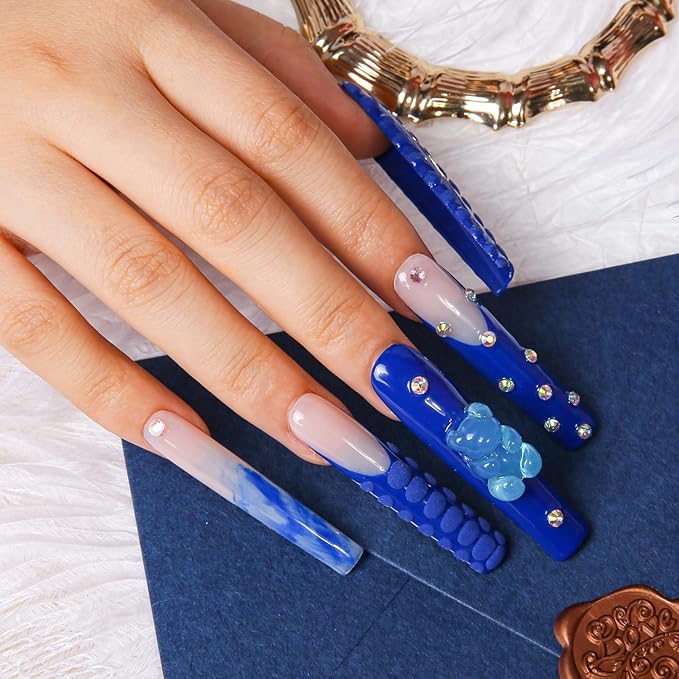 LOVFUL Press on Nails Little Blue Bear | Handmade with Full Covered Crystals | Reusable Fake Nails | Square | H132-L, pink
