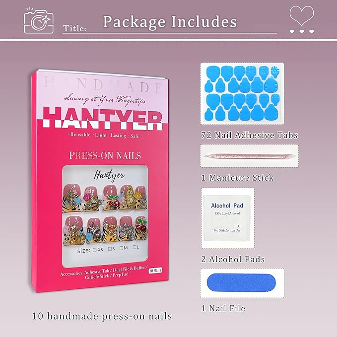 10pcs Leopard French Tip Press On Nails Sweet Cool Style, Short Duckbill Nails with 3D Embossed Petals & Metal Decor, Icy Glossy Finish, Reusable, Easy to Apply & Carry for Parties(Size M)
