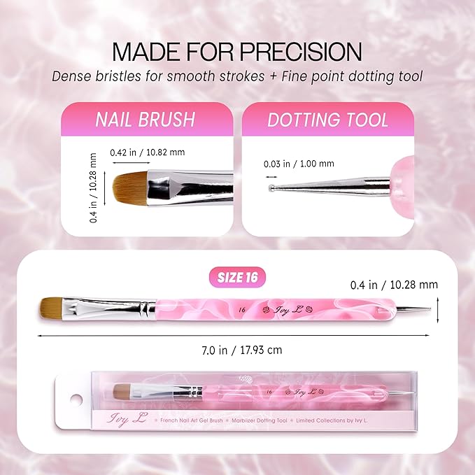 Ivy L Premium 2 Way French Gel Acrylic Nail Art Kolinsky Brush with Dotting Tool for Professional Manicure Cuticle Clean up Nail Art Design (Size # 16, Pink Marble)