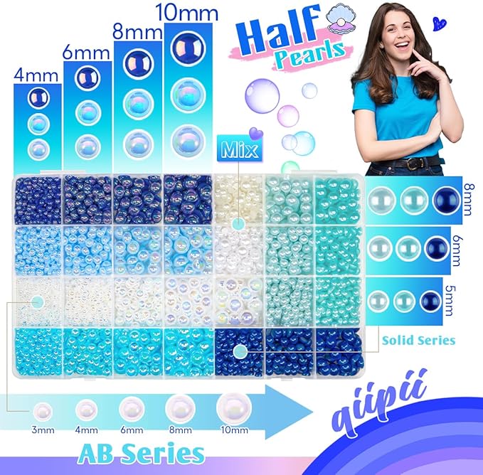 28 Types Blue Flatback Pearls w B7000 Jewelry Glue for Bedazzling Crafting 3mm 4mm 5mm 6mm 8mm 10mm Flatback Colorful AB Half Pearls Charms for Nails Face Eyes Makeup Crafts Tumblers Bottles