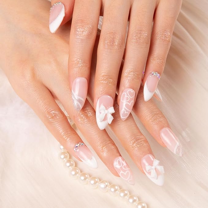 LOVFUL Press on Nails Silver Blanc | Handmade with Full Covered Crystals | Reusable Fake Nails | Almond Regular 1.0 in | H309-L