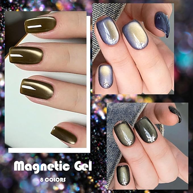 8 Color Magnetic Cat Eye Gel Polish Set - Holographic Magnetic Nail Polish with Magnetic, LED Lamp Compatible, Salon-Quality Long-Lasting Gel Polish Kit for Home, Multi-Color Shimmering Hues