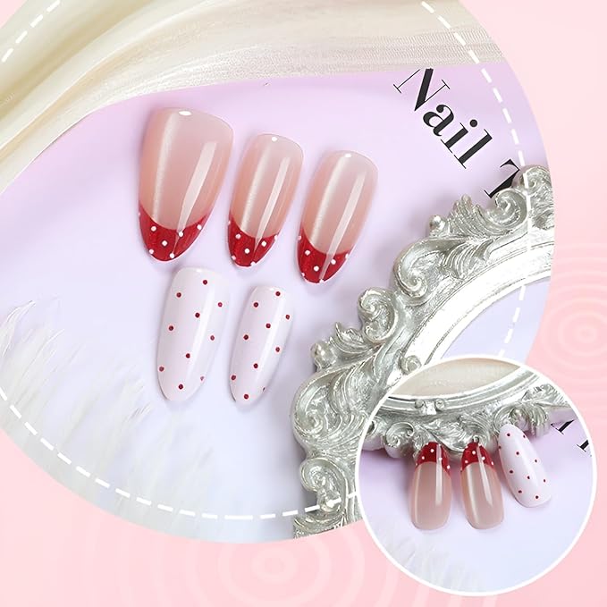 30Pcs Polka Dot Press on Nails Medium Almond Fake Nails French Tip Nails Press Ons Glossy False Nails Pink Red Glue on Nail Polka Dot French Tip Stick on Nail for Women Decoration Set