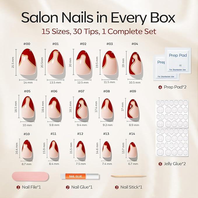 Modelones French Tip Press on Nails Almond, Short Almond Fake Nails, Semi-Transparent Soft Nail Kit with Nail Glue Adhesive Tabs Nail File, Spring Nails Press Ons 30Pcs 15 Sizes, Red Lines