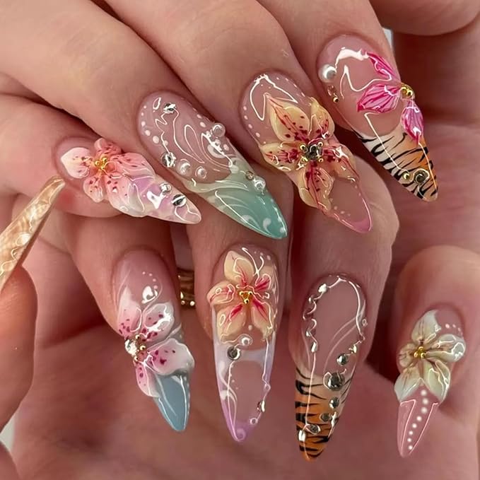Flower Press on Nails Long Stiletto Fake Nails Press ons with Flower Rhinestone Leopard Print French Designs Acrylic Blue Pink French Glue on Nails for Women 24 Pcs