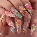 Flower Press on Nails Long Stiletto Fake Nails Press ons with Flower Rhinestone Leopard Print French Designs Acrylic Blue Pink French Glue on Nails for Women 24 Pcs