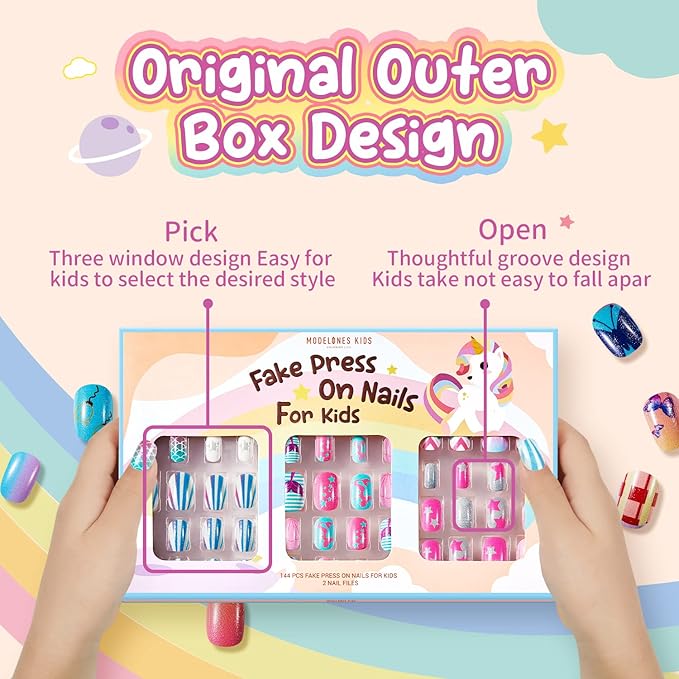 Modelones Press on Nails for Kids 144Pcs 6 Pack Children Acrylic Fake Nails Pre-glue Full Cover Glitter Color Mermaid Beach Short False Nail Art Kits Sets Thanksgiving Christmas Gifts for Girls