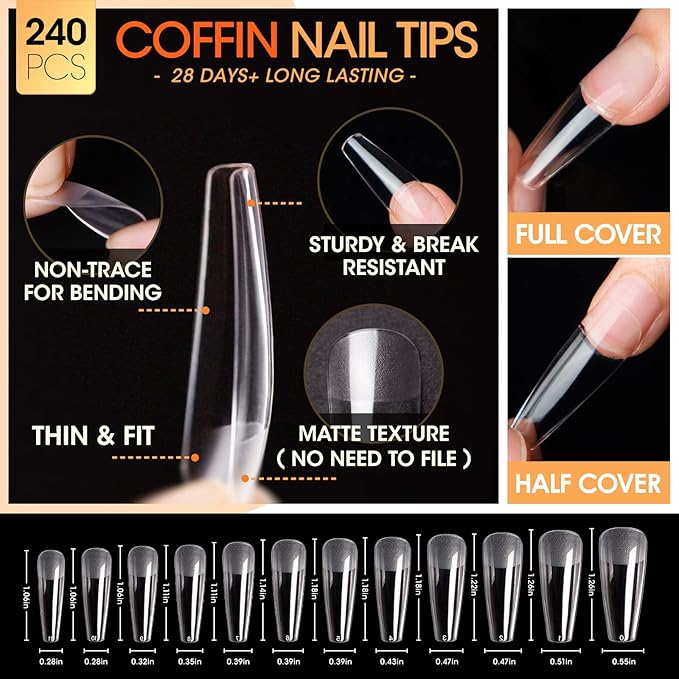 Gellen Gel Nail Kit Coffin 240pcs Nail Tips Extension Set with Everything, Etch X Nail Tips DIY Kit Long Coffin Gel Nail Glue U V Light for Women