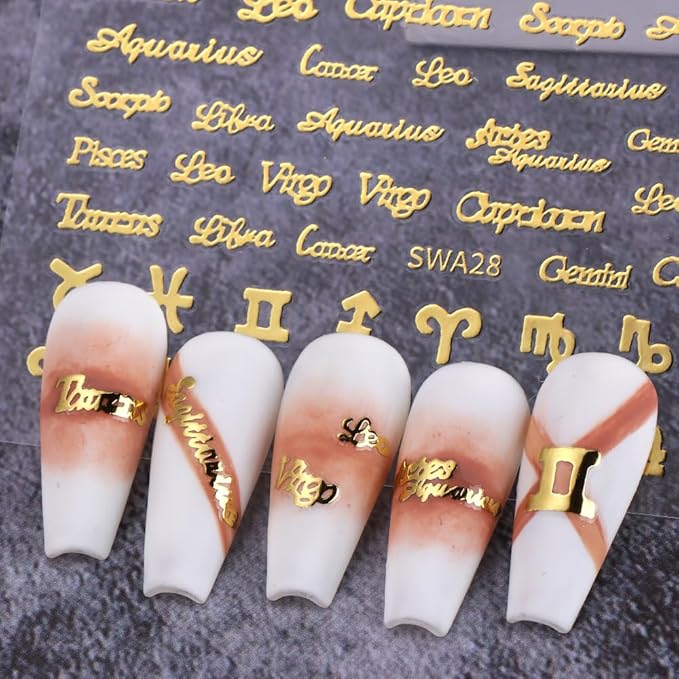 Twelve Constellation Nail Art Zodiac Letter Nail Design Stickers - Gold, Silver, Pink - 3D Self-Adhesive Zodiac Nail Decals for Women & Acrylic Nail Tips - 6 Sheets