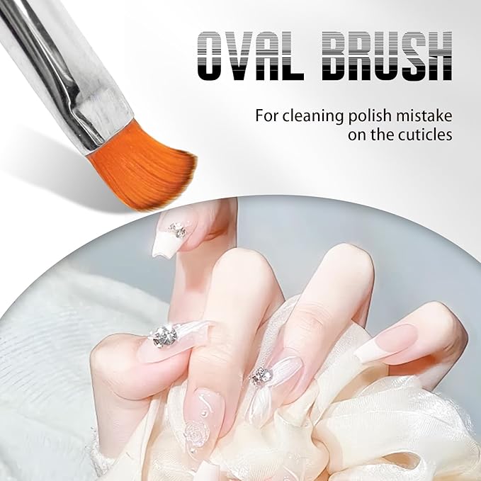 Professional 2Pcs Oval & Flat Nail Brush Set with Rhinestone Handle,Premium Nail Art Brushes for Builder Gel,French Tip Design,and Acrylic Nails (Salon & DIY Use)