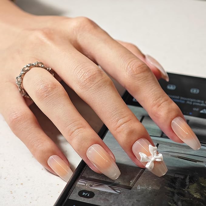 Handmade Ballerina French Tip press on nails with Cute Popular Charm Design for Women and Girls-24pcs(Cateye Butterfly)
