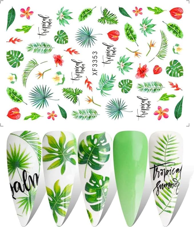 12 Sheets Summer Leaf Nail Art Stickers 3D Self-Adhesive Nail Decals Nail Art Supplies Palm Leaves Clover Nail Design for Women Manicure Nail Decorations Accessories