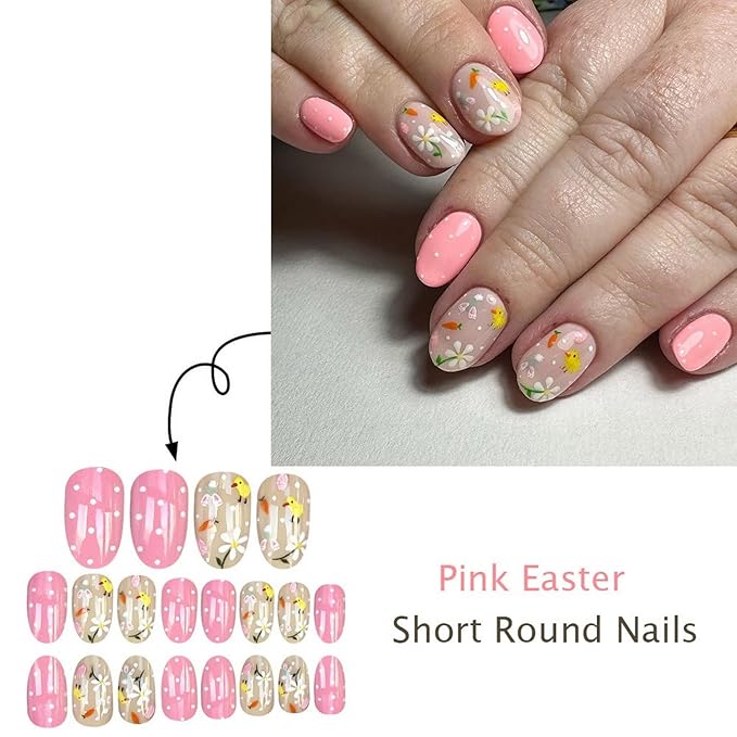 24 Pcs Easter Press on Nails Short Almond Fake Nails with Flower Chick and Carrot Designs Glossy Acrylic Nail Stick on Nails Full Cover Cute Easter False Nails for Women Manicure Art Kit