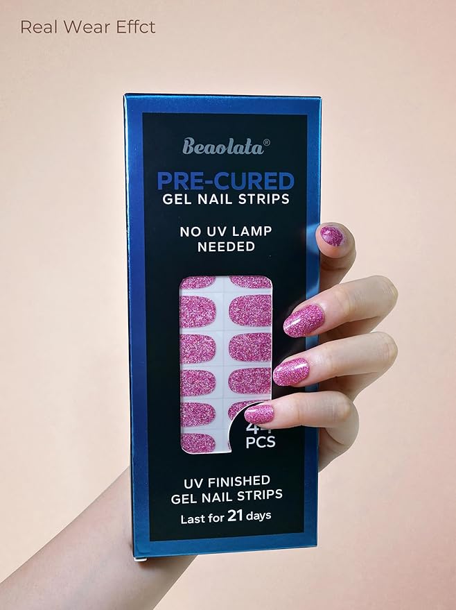 Pre Cured Gel Nail Strips - 44PCS Salon Quality Gel Nail Stickers - Long Lasting Polish Wraps for Women no UV Light Needed Easy Apply & Remove (Neon Pink)