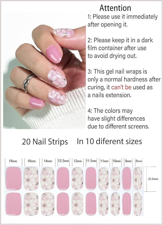 UV Gel Nail Stickers, Spring, Pink Flower20pcs Semi Cured Gel Nail Strips, Wraps for Home Manicure DIY