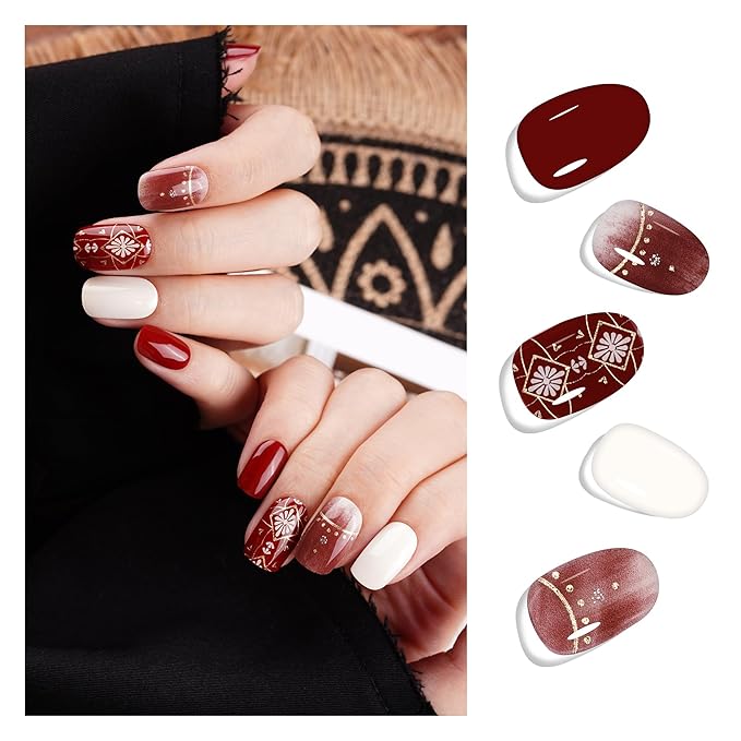 DANNI & TONI Semi Cured Gel Nail Strips Winter Holiday (Flower Blaze) Wine Red Gradient Gel Nail Wraps 28 Stickers