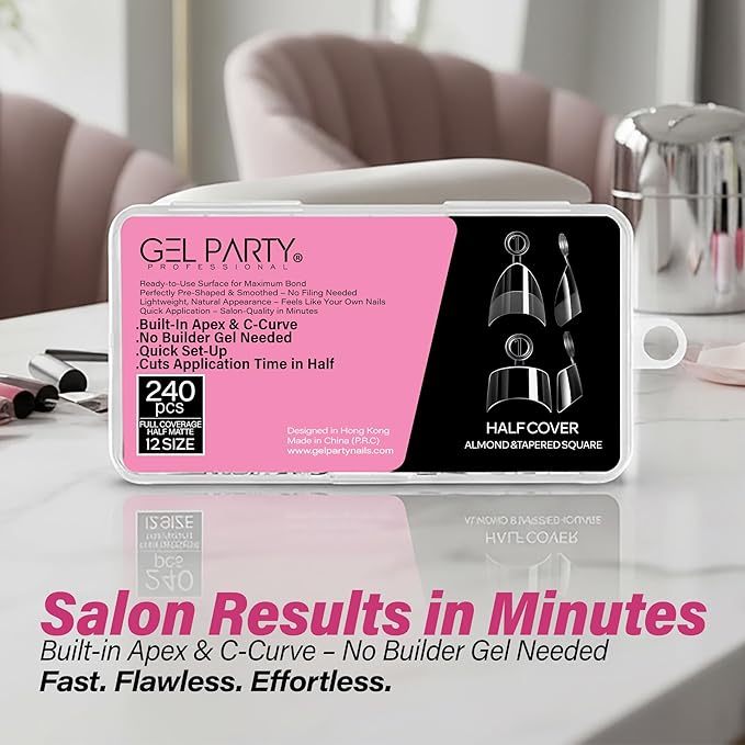 GELPARTY Soft Gel Half Cover Nail Tips - 240pcs Pre-Buffed Matte French Tips - No Filing Needed - Clear False Nails for Acrylic & Gel Extensions (12 Sizes)
