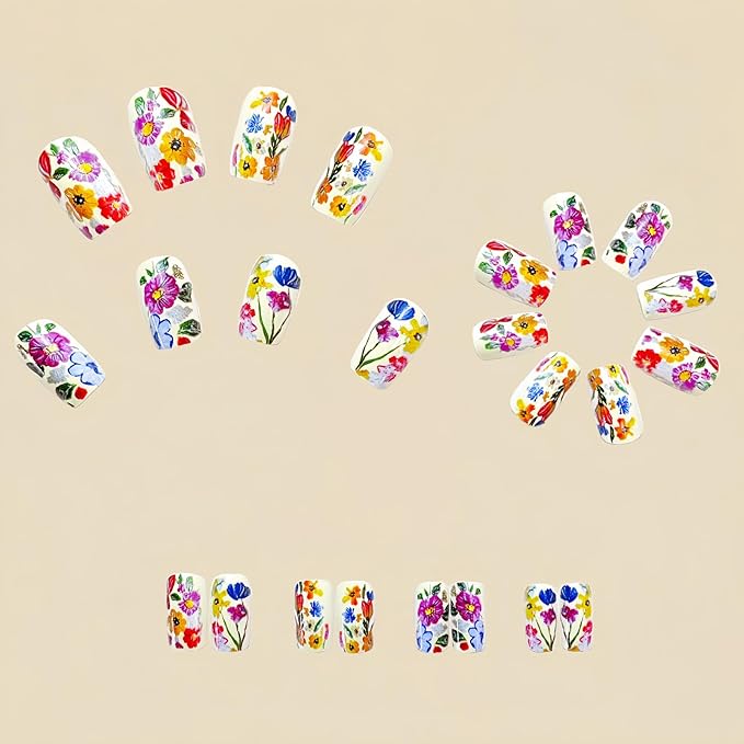 Medium Square Press on Nails Colorful Flower Fake Nails with Designs Spring Summer Acrylic Nails Art Kit Glue on Nails Reusable Artificial Nails Glossy Full Cover Stick on Nails for Women
