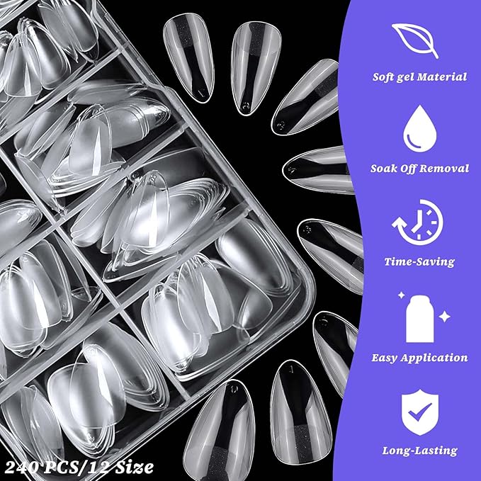240pc Almond Gel Nail Tips Short Fake Nails Clear Press ons Nail, Extra Short Almond Nails Tips Acrylic Nails Extension Soft Gel Nails Tip Full Cover XS False Nail Clear Artficial Fingernails