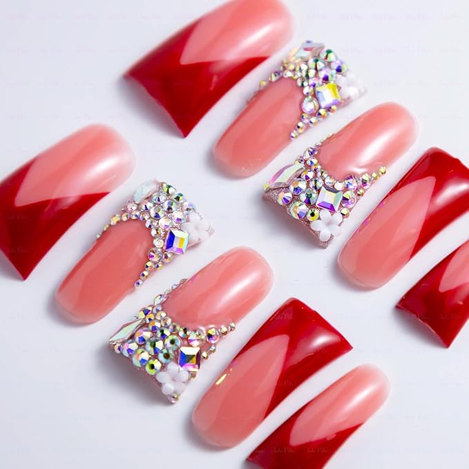 10 Pieces Luxury Acrylic Press On Nails Long Handmade Duck Nails, Red Thickened False French Nails, With Bling Rhinestones & Y2K Princess Vibes, Reusable Fake Nails Acrylic Nails (S)