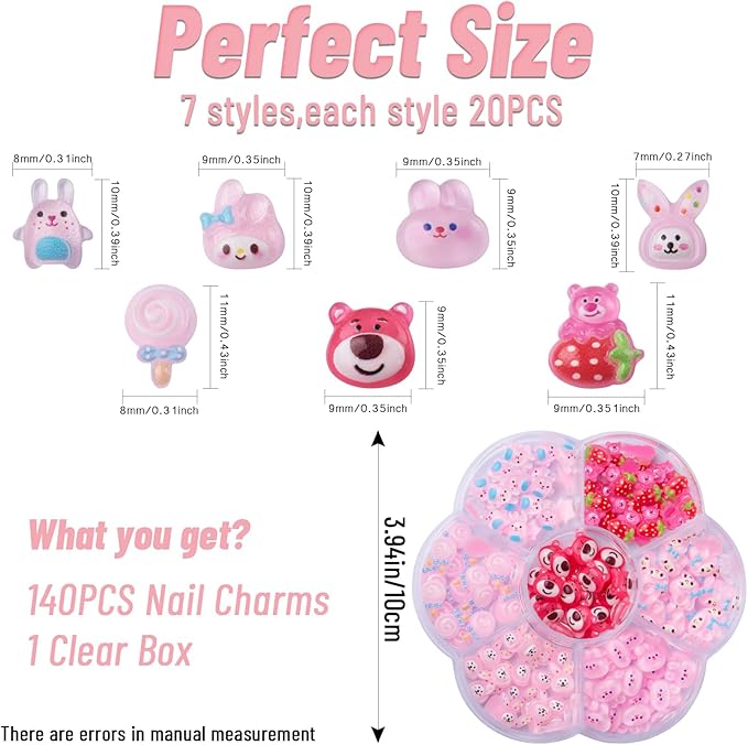 Generic 140 Pcs Kawaii 3D Flatback Cartoon Pink Series Charms for Nail Acrylic Y2K Slime Resin DIY Nail Art Decorations, Hair Clips, Jewelry Making and Phone Cases