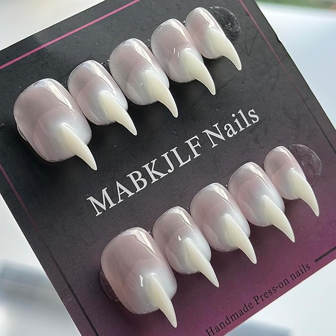 Halloween Press on Nails Luxury Short Stiletto Handmade Cat Claw Unique Reusable ABS Material White Fake Nails Eagle Claw False Nails Glossy Glue on Nail Curved Thick Acrylic Nail(M)