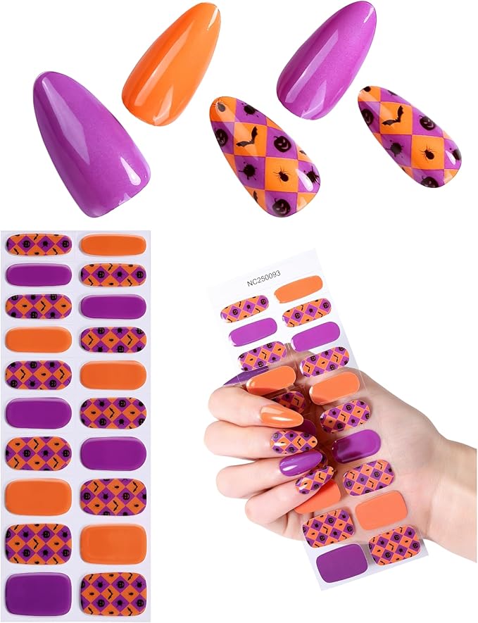 20pcs Halloween Semi Cured Gel Nail Strips - Salon Quality DIY Wraps,UV Needed