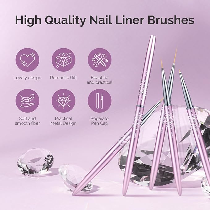 MelodySusie Nail Art Liner Brushes 5Pcs Professional Gel Polish Painting Art Design Pen Set for Thin Long Lines, Tiny Details, Fine Drawing, Delicate Coloring,Sizes 5/7/9/11/20mm