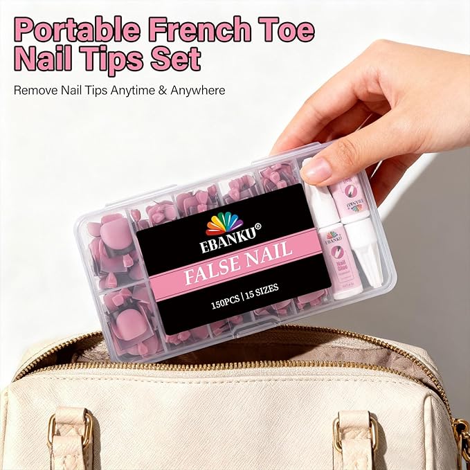 Black French Tip Toe Nail Tips Press on, EBANKU Berry Pink Sharp Square Pre-Designed Soft Gel False Toenail Extension with Nail Glue& Nail Remover, 15 Sizes 150 pcs