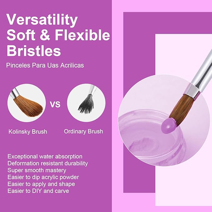 4PCS Acrylic Nail Brush Set, 6/8/12/16. Kolinsky Nail Art Brushes for Application, Sturdy Handle Oval Shaped Acrylic Powder Nails Design Tools for Professional Manicure DIY