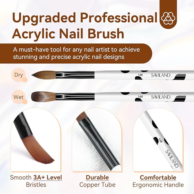 SAVILAND 3pcs Acrylic Nail Brush Set, Size 8/10/14 Kolinsky Acrylic Nail Brushes for Acrylics Application, Acrylics Powder Nails Art Extension with Black & White Handle for Beginner & Professional