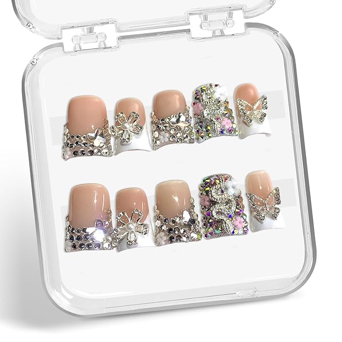 Flower Press on Nails Short Duck False Nails 3D Luxury Handmade Fake Nail with Rhinestone Butterfly Design Full Cover Thicked Acrylic Nail White French Tip Stick on Nails for Women (Size S)